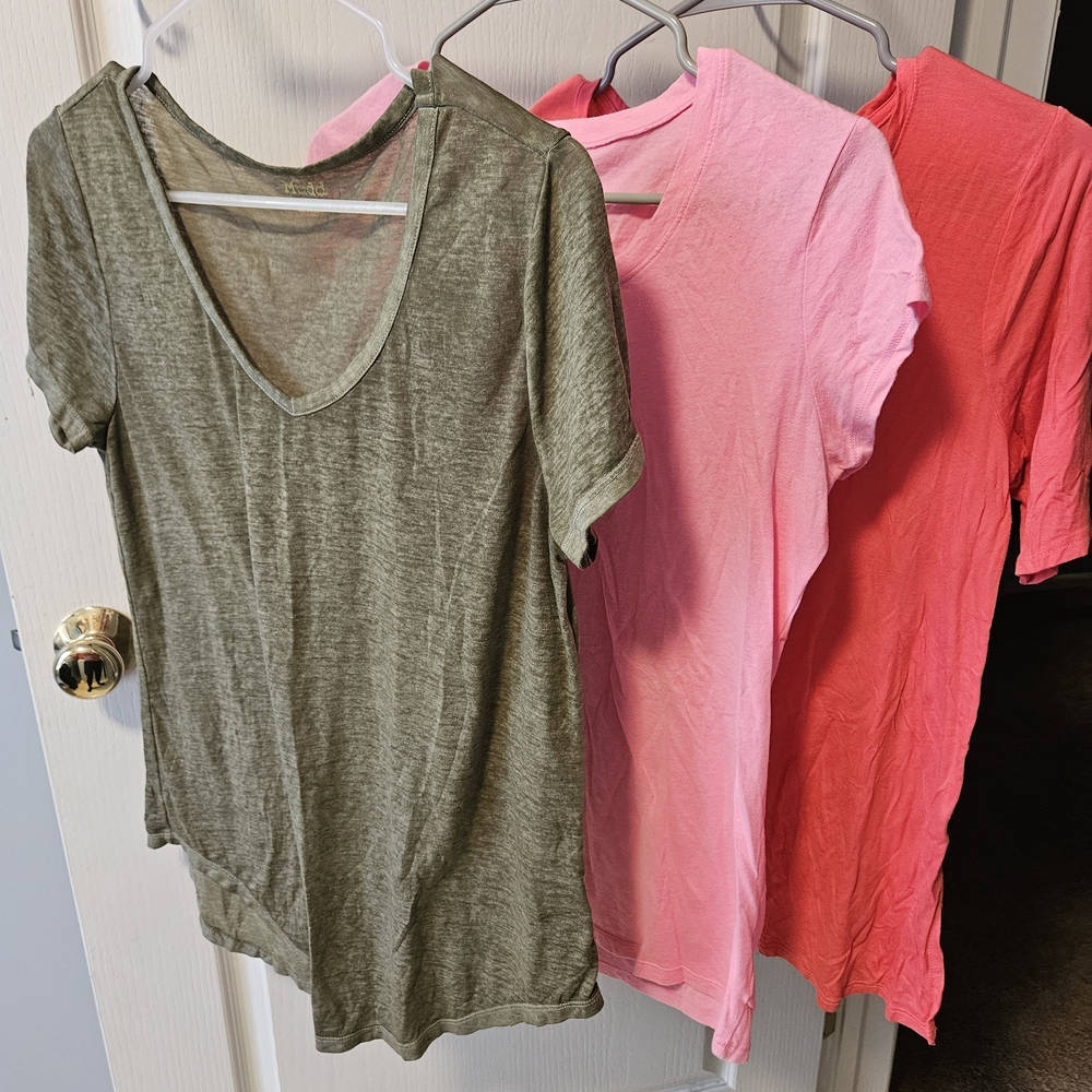 Women's V-Neck T-Shirt Trio - Green, Pink, Coral